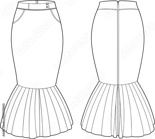 Women mermaid skirt technical fashion flat vector illustration front back views with pleated hem isolated on white background