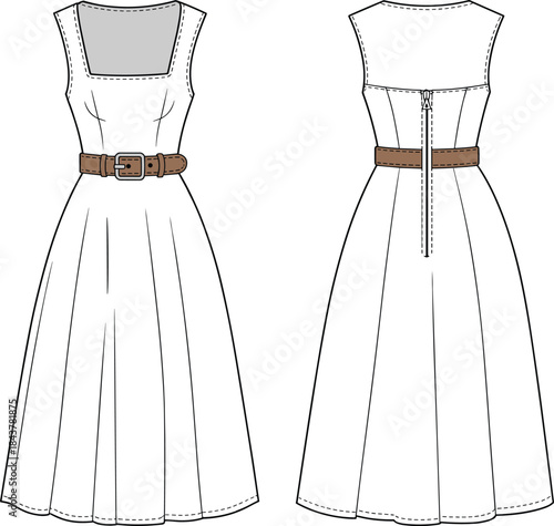 Women sleeveless belted midi dress technical fashion flat vector illustration front back views isolated on white background for apparel design