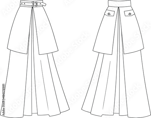 Women layered maxi skirt technical fashion flat vector illustration front back views with belt detail isolated on white background