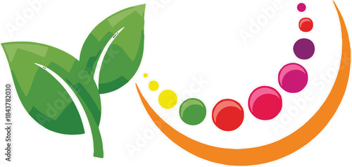 Vector graphic illustration of eco-friendly fresh green leaves and colorful circular dots forming an abstract vibrant arc, representing growth, nature, health, and a cyclical journey
