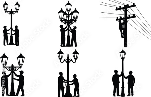 Utility Worker Silhouette Against Dramatic Sunset Sky Repairing Street Light, Electrical Maintenance Technician Climbing High Ladder, Urban Infrastructure Repair and Service at Dusk, City Power Grid.