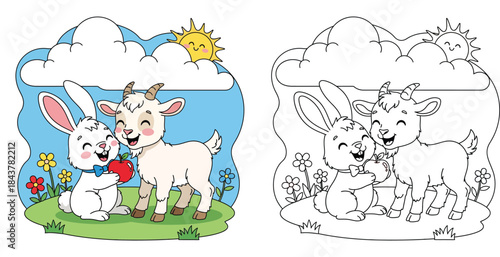 Cute cartoon rabbit sharing an apple with a happy goat friend. White bunny and goat kid in a sunny flower meadow vector illustration for kids.