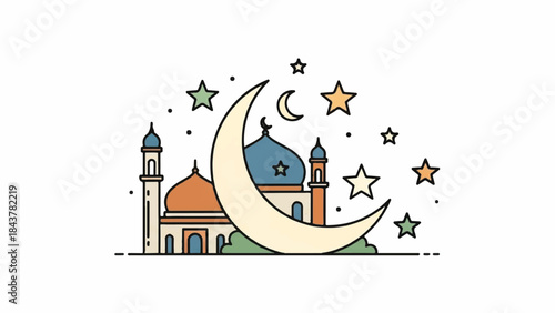 Illustration of mosque and crescent moon surrounded by stars in a celestial nighttime scene