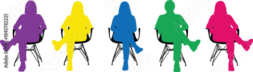 Vibrant Colored Silhouettes of Diverse People Sitting in Modern Eames Style Chairs, Group Interview, Business Meeting, Focus Group, or Waiting Room Concept Illustration,