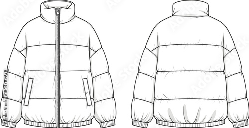 White puffer jacket technical sketch front back view winter outerwear fashion design cad drawing flat vector illustration template apparel mockup