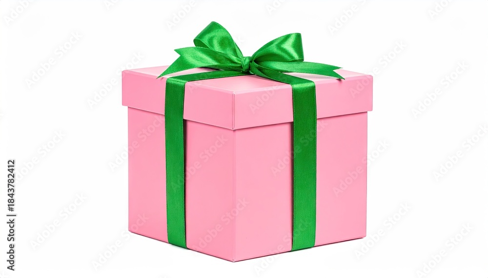 Obraz premium Pink gift box with green ribbon and bow isolated on white background.