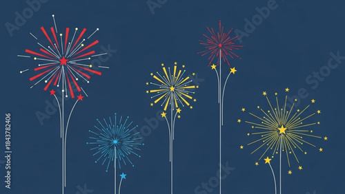 Colorful firework explosions on a dark blue night sky background