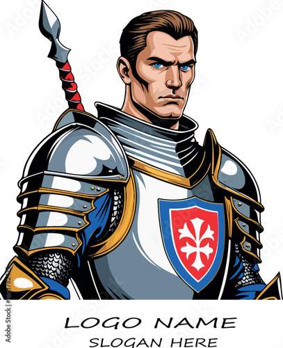 Medieval knight with sword and shield cartoon illustration