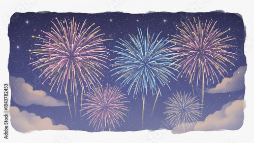 Vibrant fireworks exploding in a starry night sky with fluffy clouds