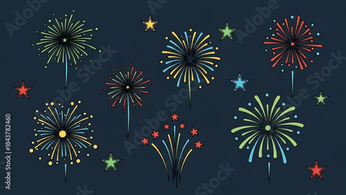 Vibrant fireworks display on dark blue background with colorful stars