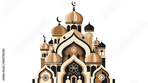 Ornate Mosque Illustration with Golden Domes and Crescent Moon Symbolizing Islamic Faith and Spirituality
