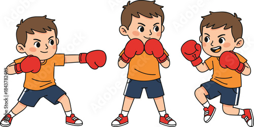 Cartoon boy boxer in different fighting, defensive, and aggressive stances wearing gloves and sportswear - flat vector illustration