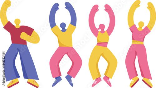Abstract cartoon-style human figures in colorful dance poses expressing movement, energy, and joy - flat vector illustration