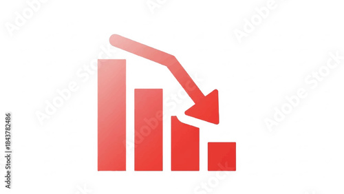 Red bar graph illustrating downward trend with decreasing values and a prominent arrow pointing down