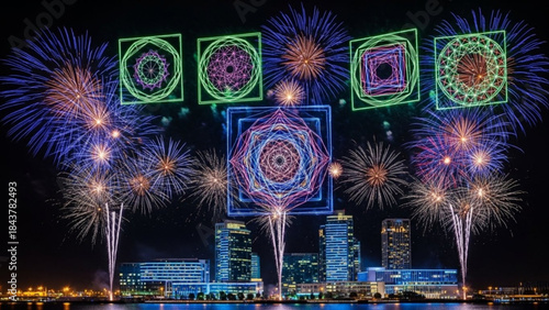 Vibrant fireworks display over cityscape with colorful digital art
