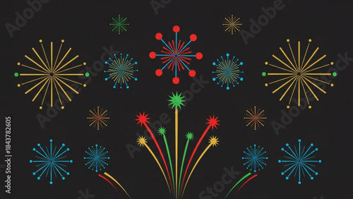 Vibrant colorful fireworks exploding in night sky with various patterns