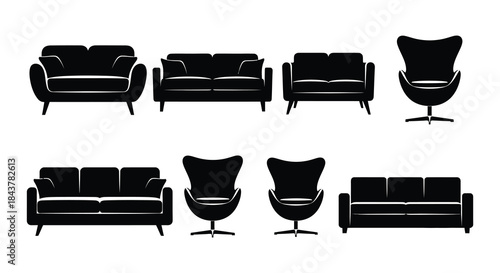 Silhouettes of modern sofas and chairs in a minimalist style arrangement