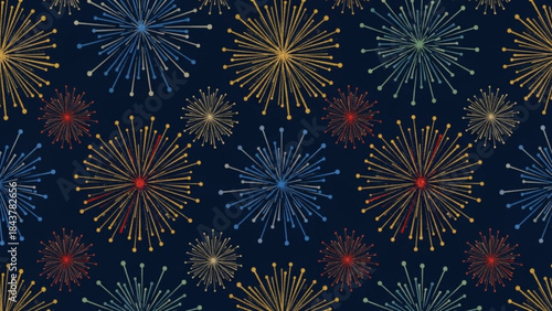 Vibrant firework pattern on dark blue background with colorful explosions