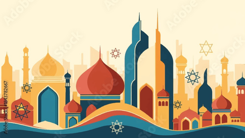 Diverse Cityscape with Islamic and Jewish Architecture Symbols Under a Warm Sky