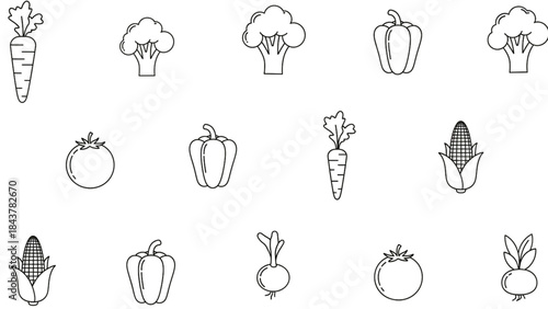 A variety of vegetable line drawings including carrots, broccoli, peppers, and more on a