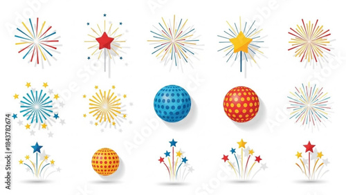 Colorful firework icons set on