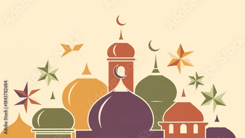 Islamic cultural elements in a minimalist, graphic design style with decorative stars and domes