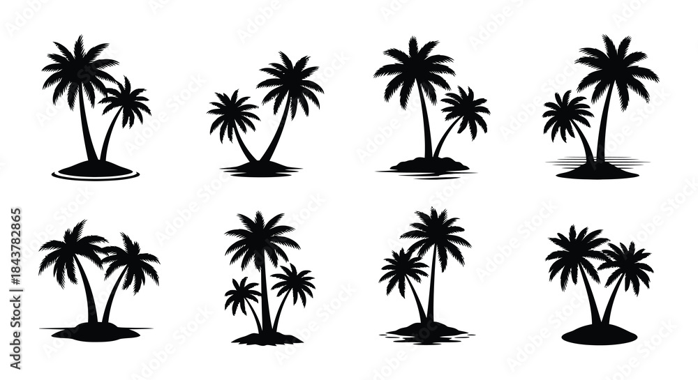 Fototapeta premium A collection of black silhouette tropical palm trees on small islands