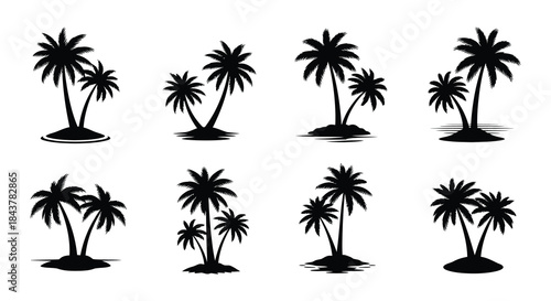 A collection of black silhouette tropical palm trees on small islands