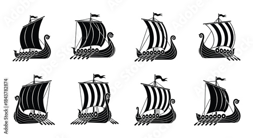 Collection of black silhouette viking ships and dragon ship icons