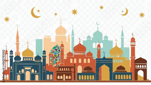 Colorful Islamic city skyline with crescent moons and stars, traditional architecture and modern elements