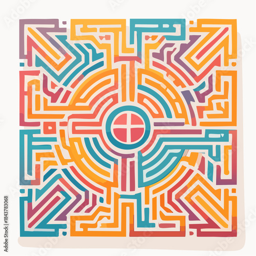 Intricate Circular Geometric Maze Pattern in Warm Hues of Orange Yellow Pink and Teal on Light Cream Background