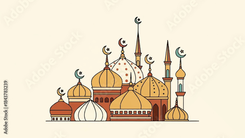 Collection of Islamic Mosques with Traditional Domes and Minarets in a Stylized Illustration