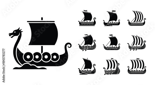 Collection of black silhouette viking ships and dragon ship icons