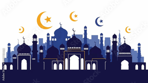 Islamic city skyline with mosques and crescent moons, blue and yellow illustration