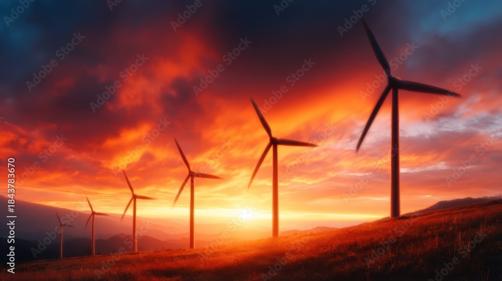 Fototapeta premium A breathtaking image of wind turbines silhouetted against a fiery sunset, highlighting the pursuit of renewable energy and the beauty of nature's dynamism and serenity.