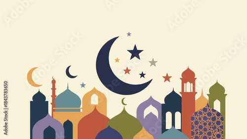 Colorful Islamic Mosques with Crescent Moon and Stars Illustration