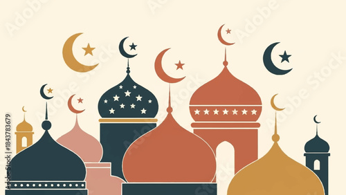 Harmonious illustration of mosque domes and minarets with crescent moons and stars, representing Islamic faith, culture, and festive celebrations