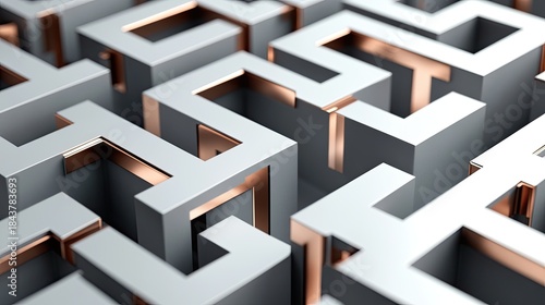 Wallpaper Mural Abstract Geometric Maze with Metallic Copper and White Accents, Depth of Field Torontodigital.ca