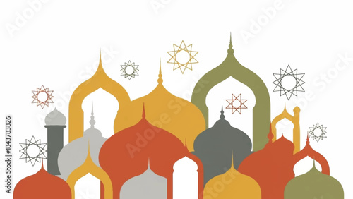 Vibrant collection of stylized mosque domes and intricate star patterns, perfect for Islamic cultural celebrations and architectural design