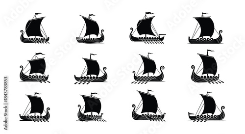 Collection of black silhouette viking ships and dragon ship icons