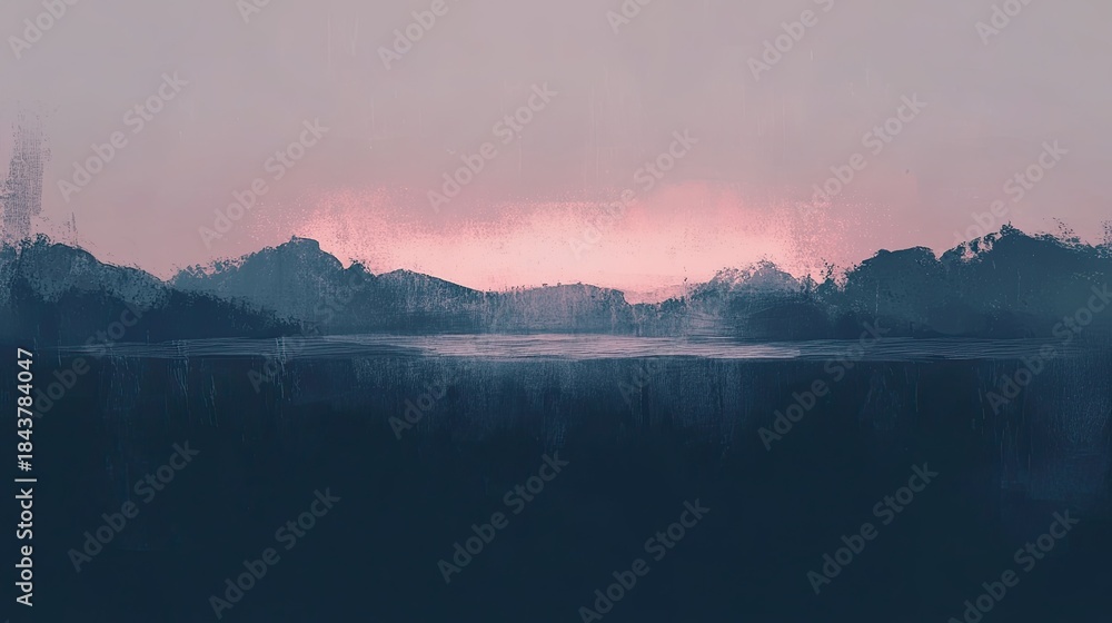 Fototapeta premium Abstract Landscape Painting: Serene Dusk Over Mountains and Water