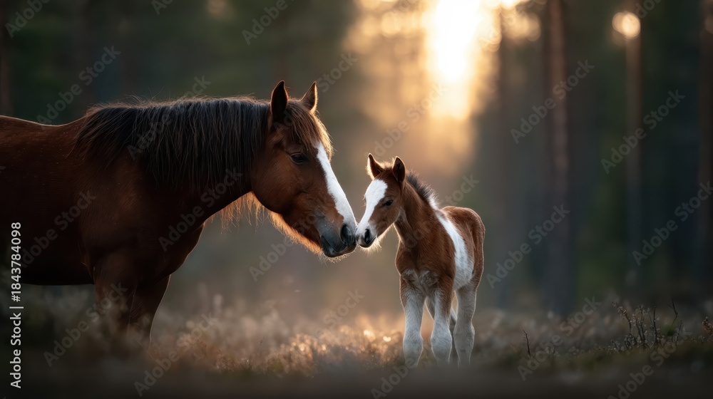 Obraz premium A heartwarming scene of a mother horse and her foal gently nuzzling in a beautiful forest glade, illuminated by the warm glow of sunset, capturing the bond of love.