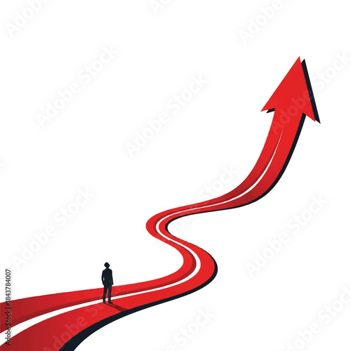 A solitary figure stands on a winding red path that transforms into an upward-pointing arrow, symbolizing growth and ambition