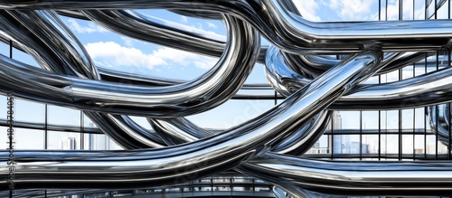 Abstract Intertwined Chrome Pipes Reflecting Cityscape and Sky