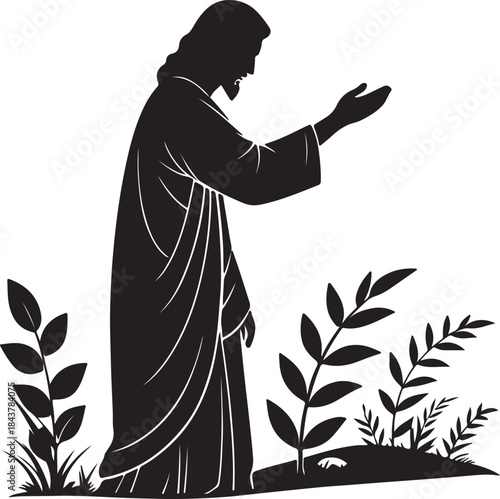 Black silhouette of Jesus Christ teaching with gentle hand gesture faith guidance symbolism minimalist Christian vector white background