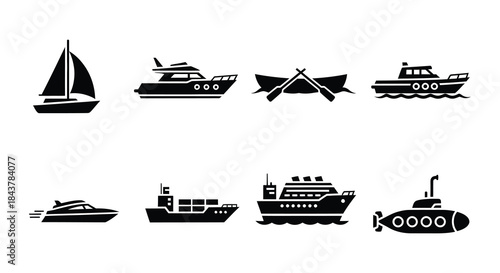 A collection of various black silhouette marine vessels and nautical equipment