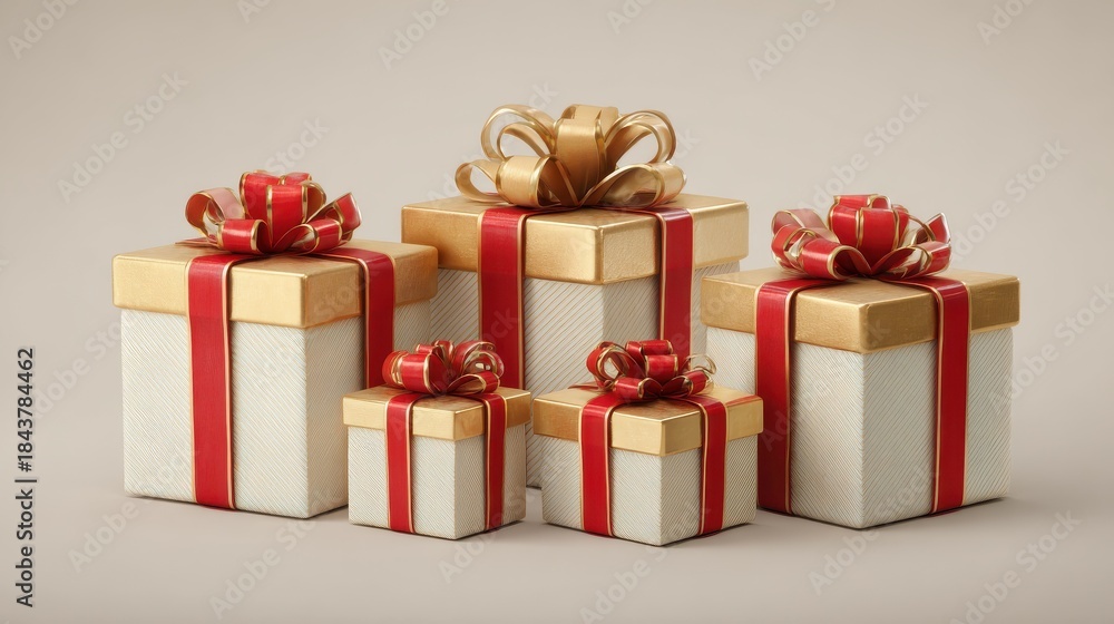 Fototapeta premium various sized gift boxes with red and gold ribbons