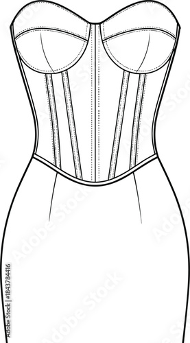 Women's corset dress technical fashion illustration, cad flat vector drawing of strapless bodice with boning seams for apparel design production