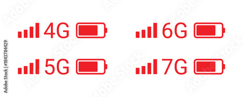 Red 4G 5G 6G 7G Signal and Battery Icons vector On Transparent Background
