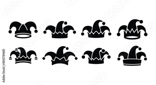 Collection of black jester hats with various designs and perspectives